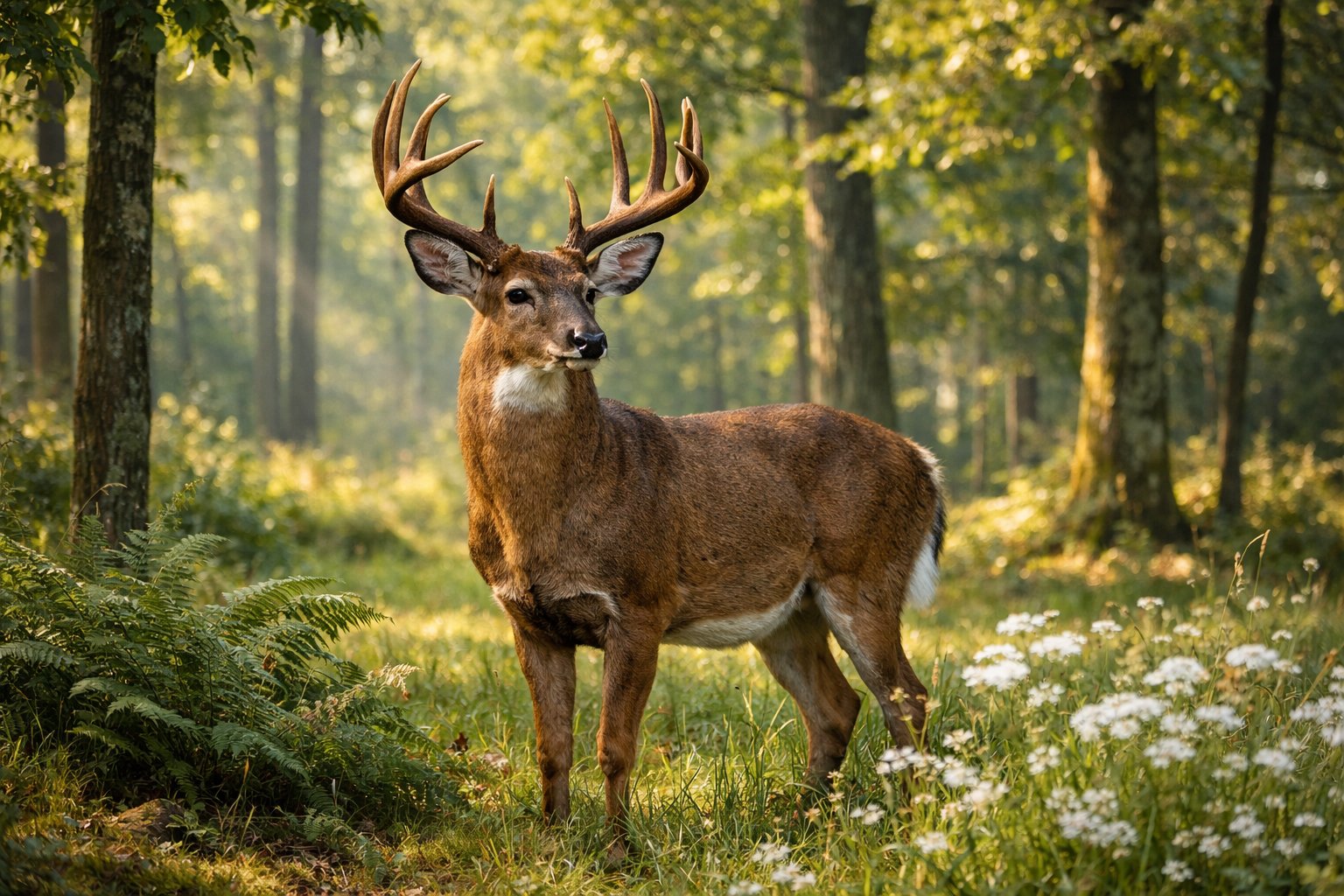 A male deer with large antlers standing in a forest surrounded by trees and greenery.