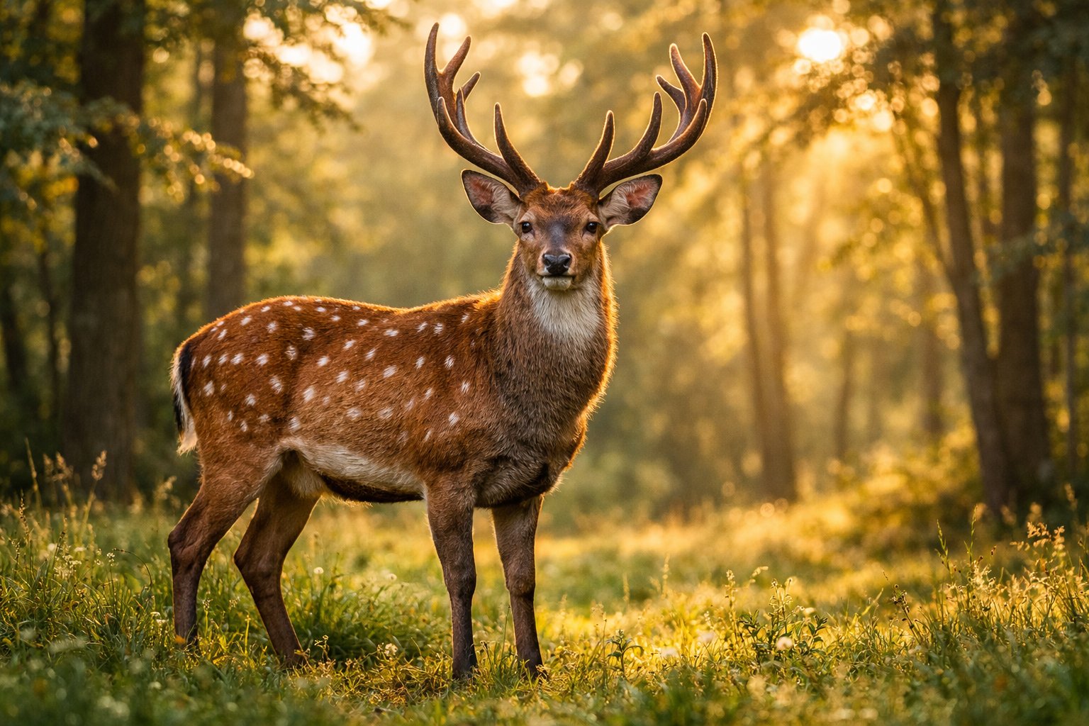 A deer standing in a forest clearing with sunlight filtering through the trees.