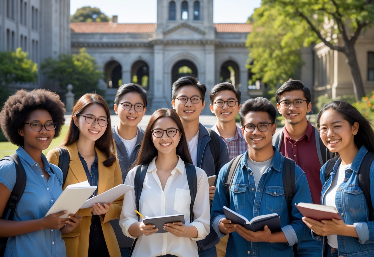A diverse group of university students studying and talking together outdoors on a sunny day at the University of California Berkeley campus.