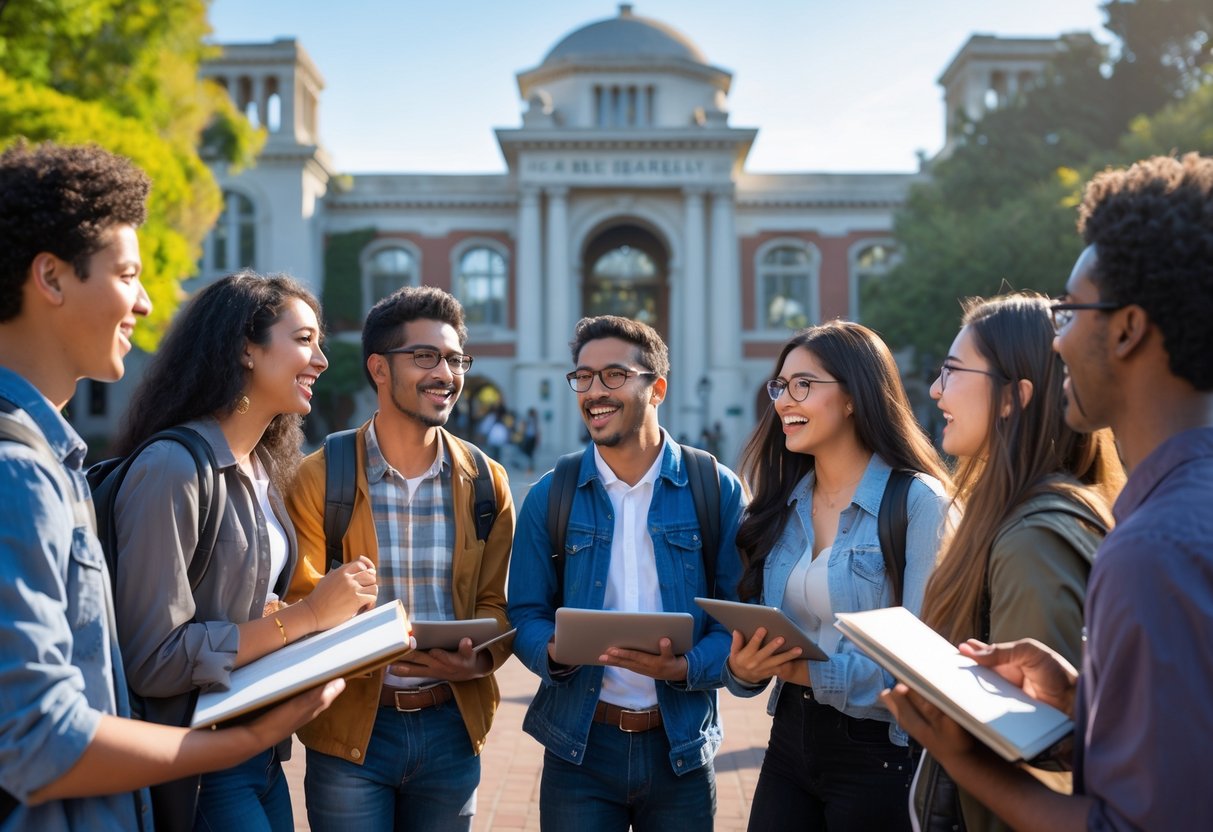 A group of diverse university students studying and talking together outdoors on a sunny day at the University of California Berkeley campus.