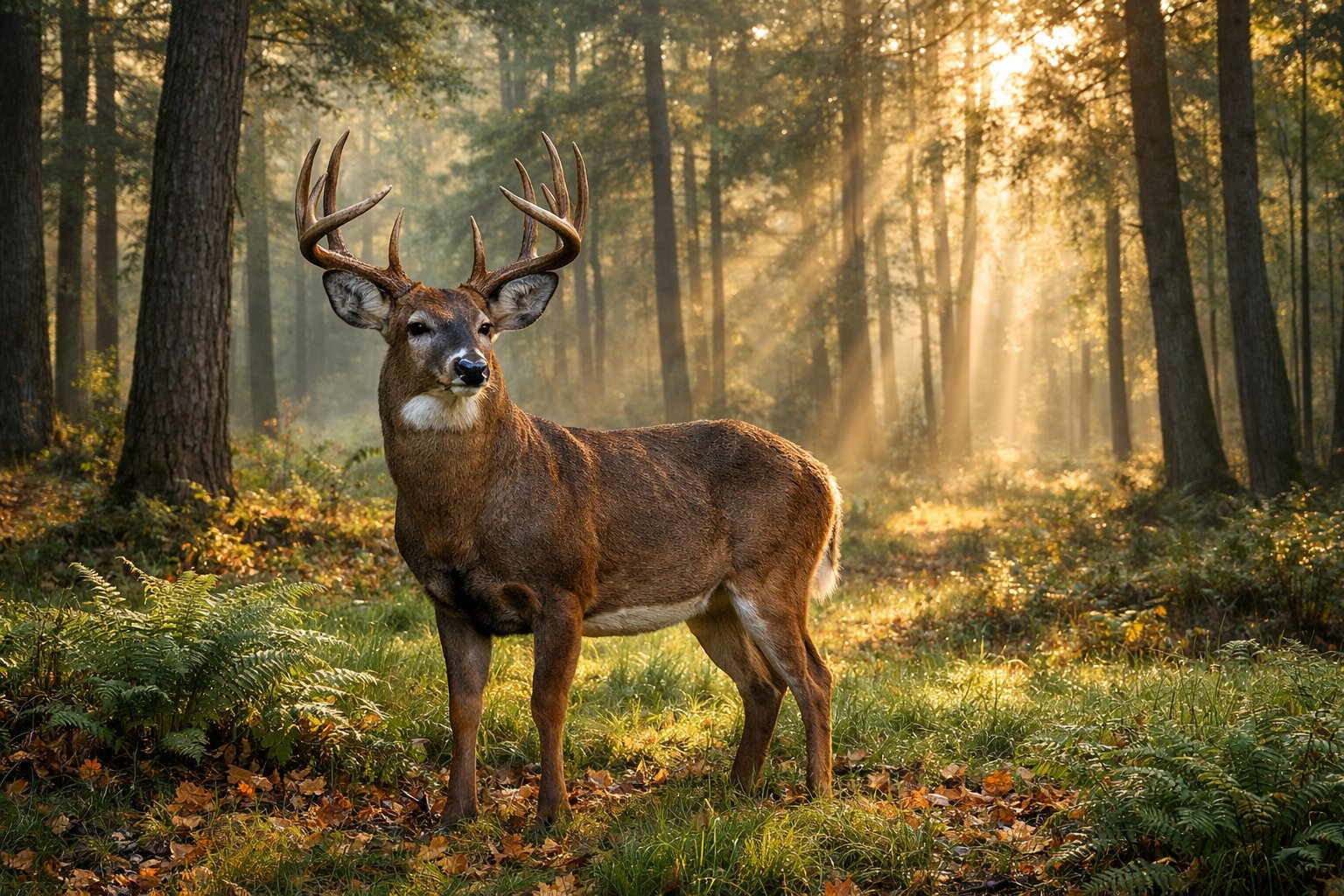 A male deer with large antlers standing alert in a sunlit forest surrounded by trees and greenery.