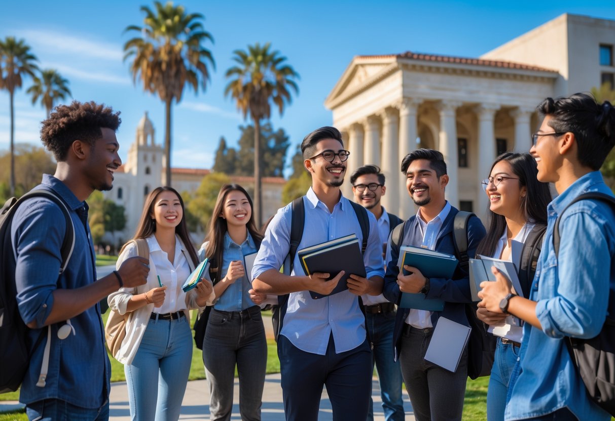 A group of diverse undergraduate students smiling and talking together outside on the UCLA campus with university buildings and palm trees in the background.