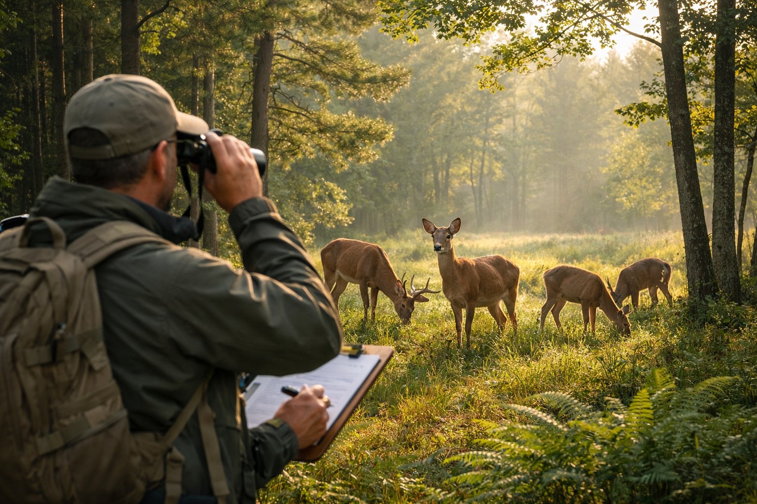 A wildlife biologist observing a small group of deer grazing in a forest clearing during early morning.