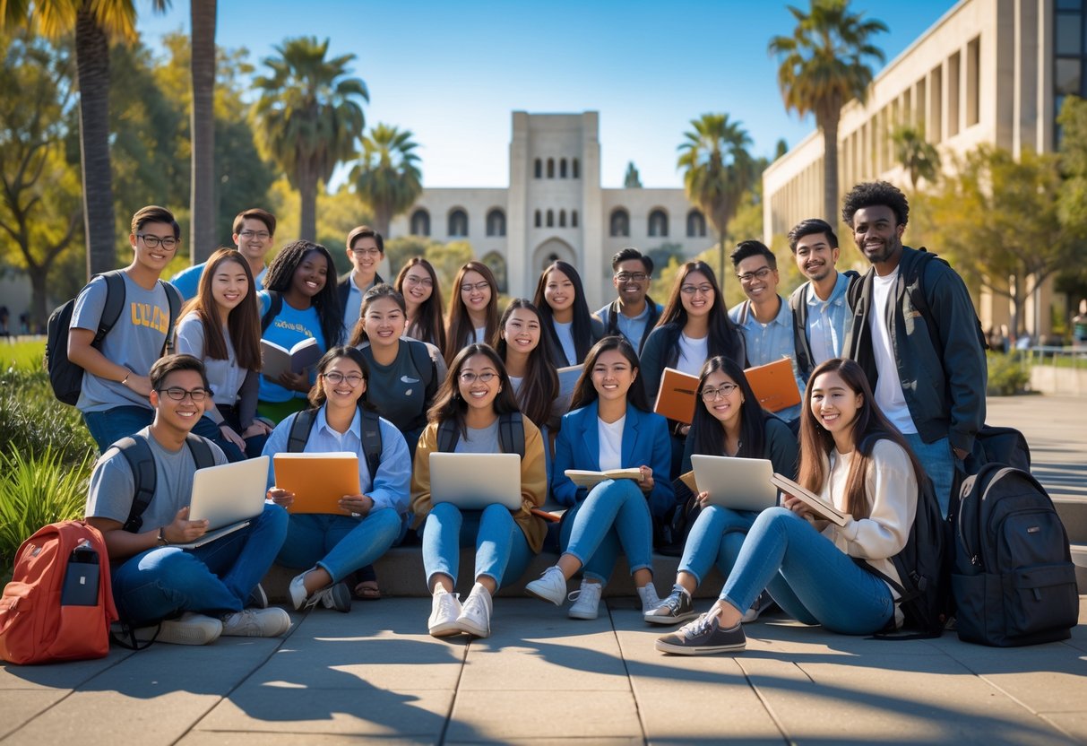 A group of diverse college students studying together outdoors on a sunny UCLA campus surrounded by trees and buildings.