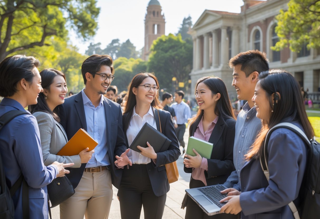 A diverse group of graduate students smiling and talking outdoors on the University of California Berkeley campus.