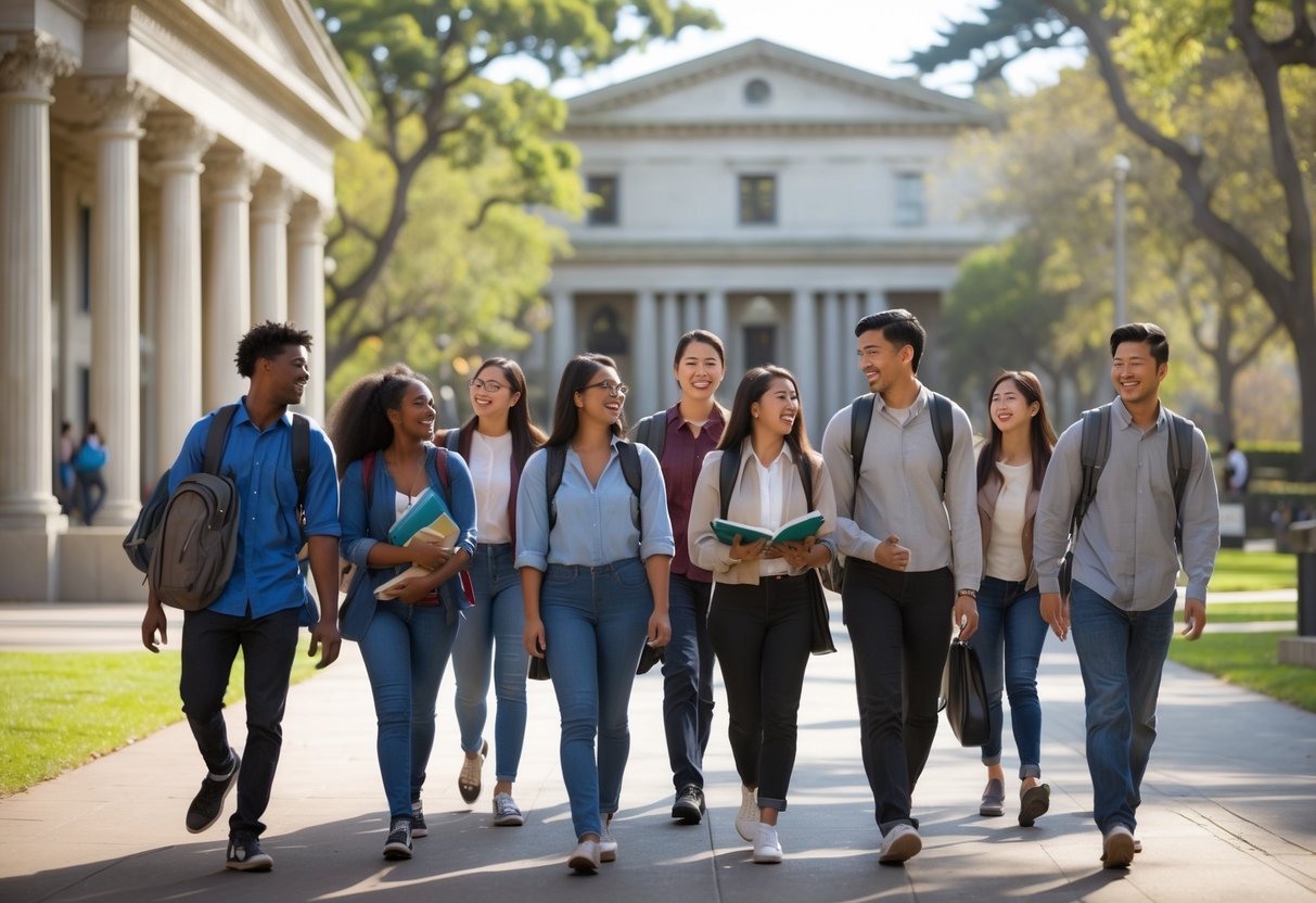 A diverse group of university students walking and talking on the University of California Berkeley campus with historic buildings and trees in the background.