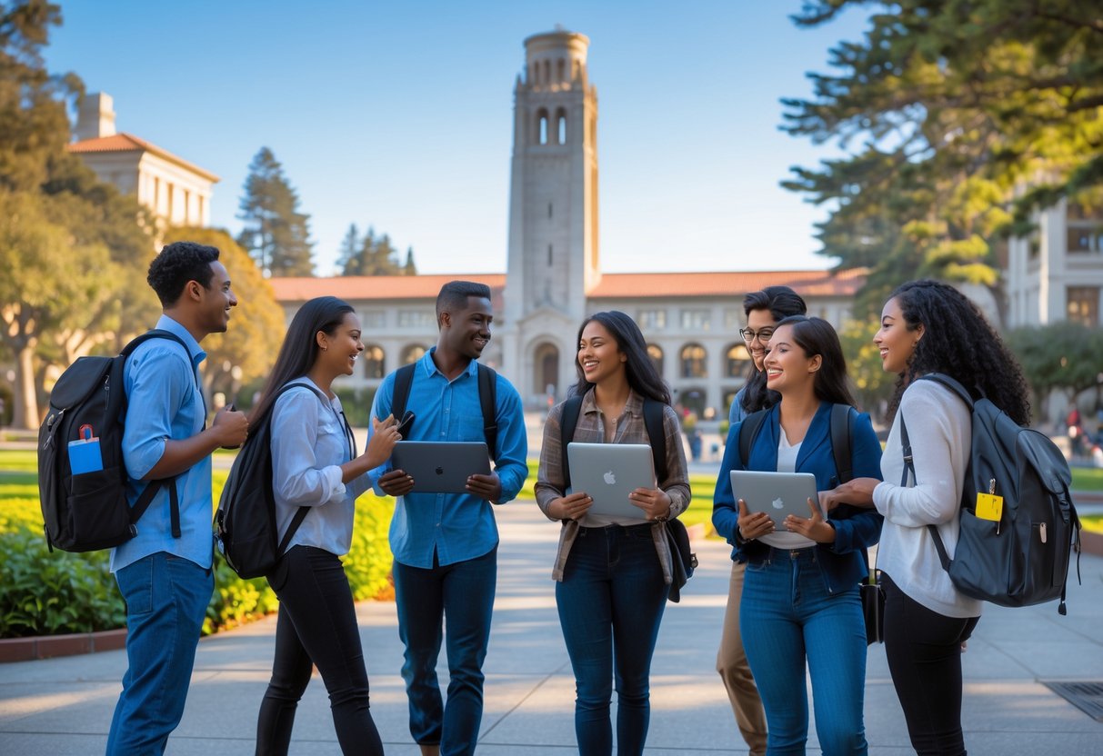 A diverse group of graduate students studying and talking outdoors on the University of California Berkeley campus with a tall clock tower in the background.