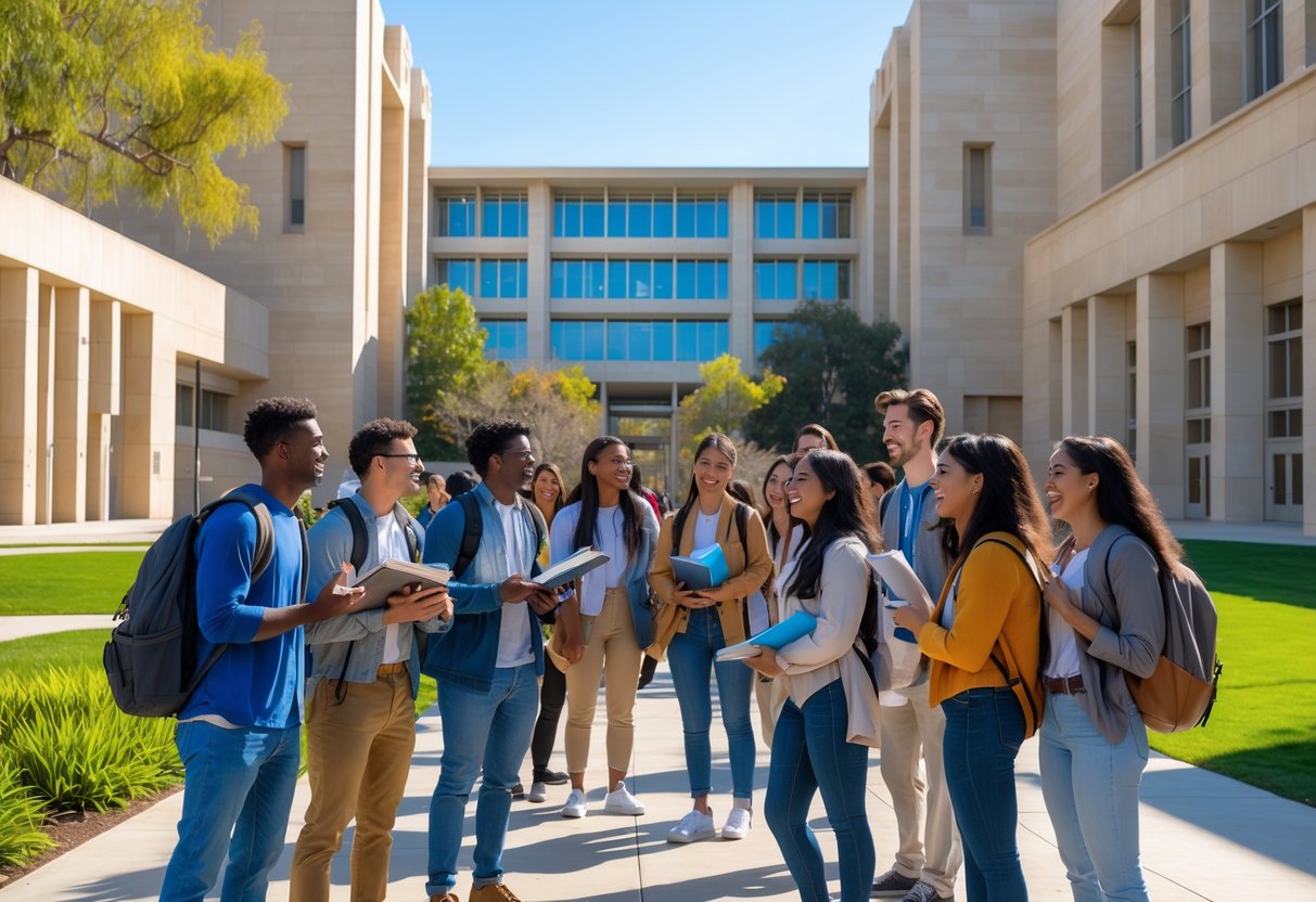 A group of diverse college students standing and talking outside a modern UCLA campus building on a sunny day.