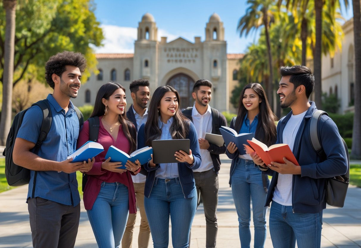 A group of diverse undergraduate students studying together outdoors on the UCLA campus with university buildings and greenery in the background.