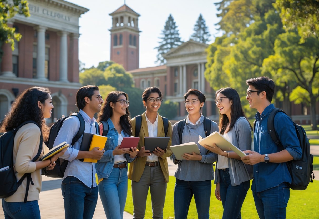 A group of diverse university students studying together outdoors on the University of California Berkeley campus with campus buildings and trees in the background.