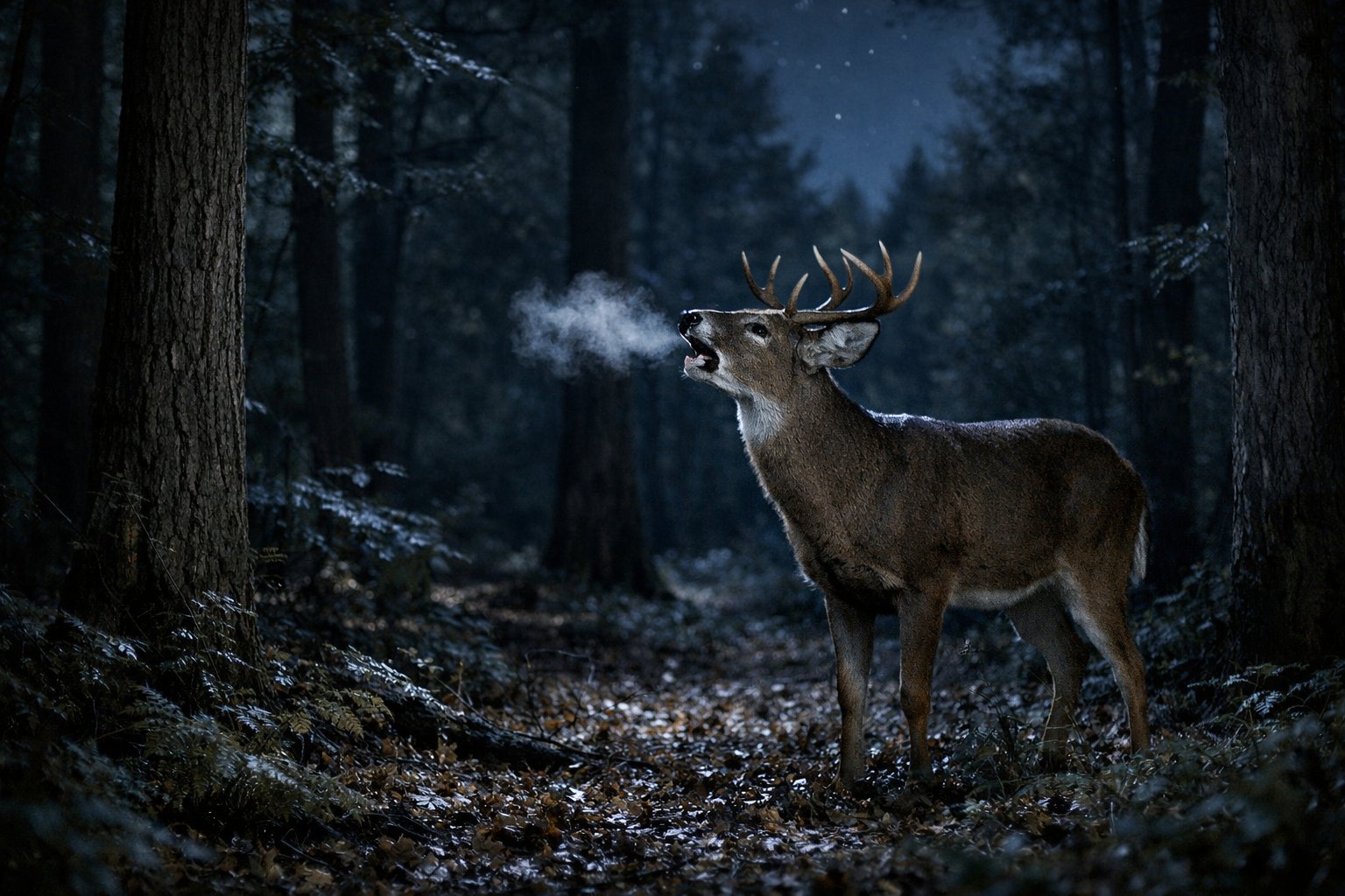 A deer standing in a forest at night with its mouth open as if barking, surrounded by trees and moonlight.