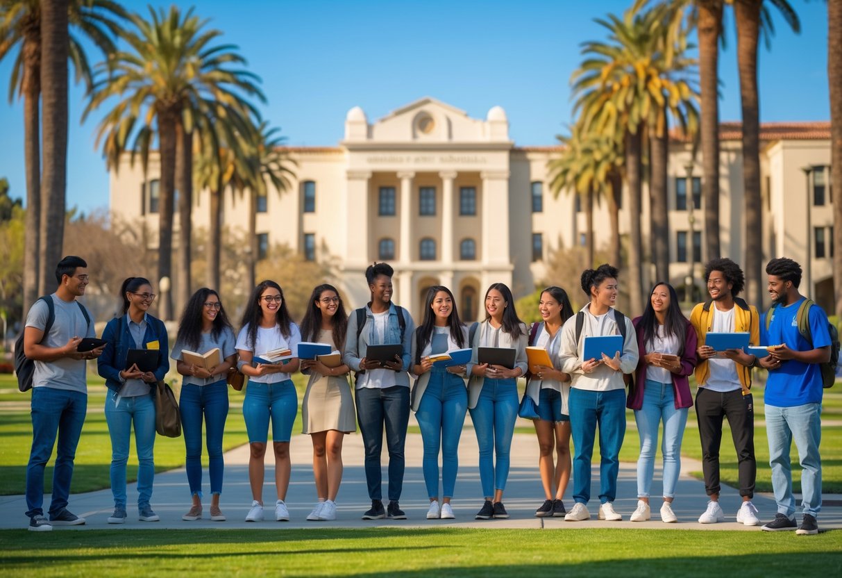 A diverse group of college students studying together outdoors on the UCLA campus with university buildings and palm trees in the background.