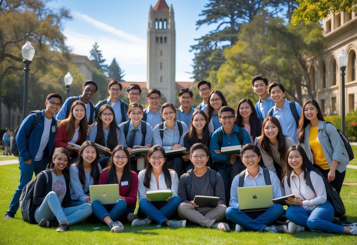 A diverse group of students studying together outdoors on the University of California Berkeley campus with Sather Tower visible in the background on a sunny day.