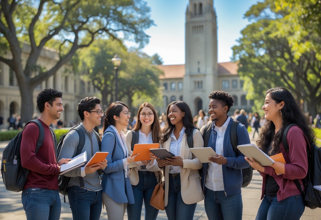 A group of diverse university students studying together outdoors on the University of California Berkeley campus with Sather Tower in the background.