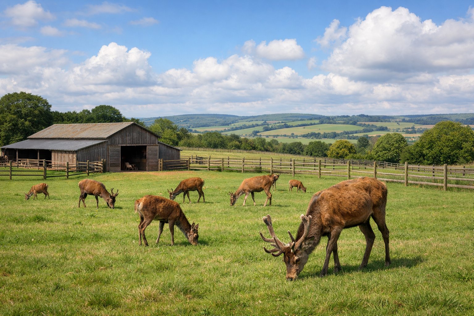 A green pasture with red deer grazing near a wooden fence and a farm building in the countryside.