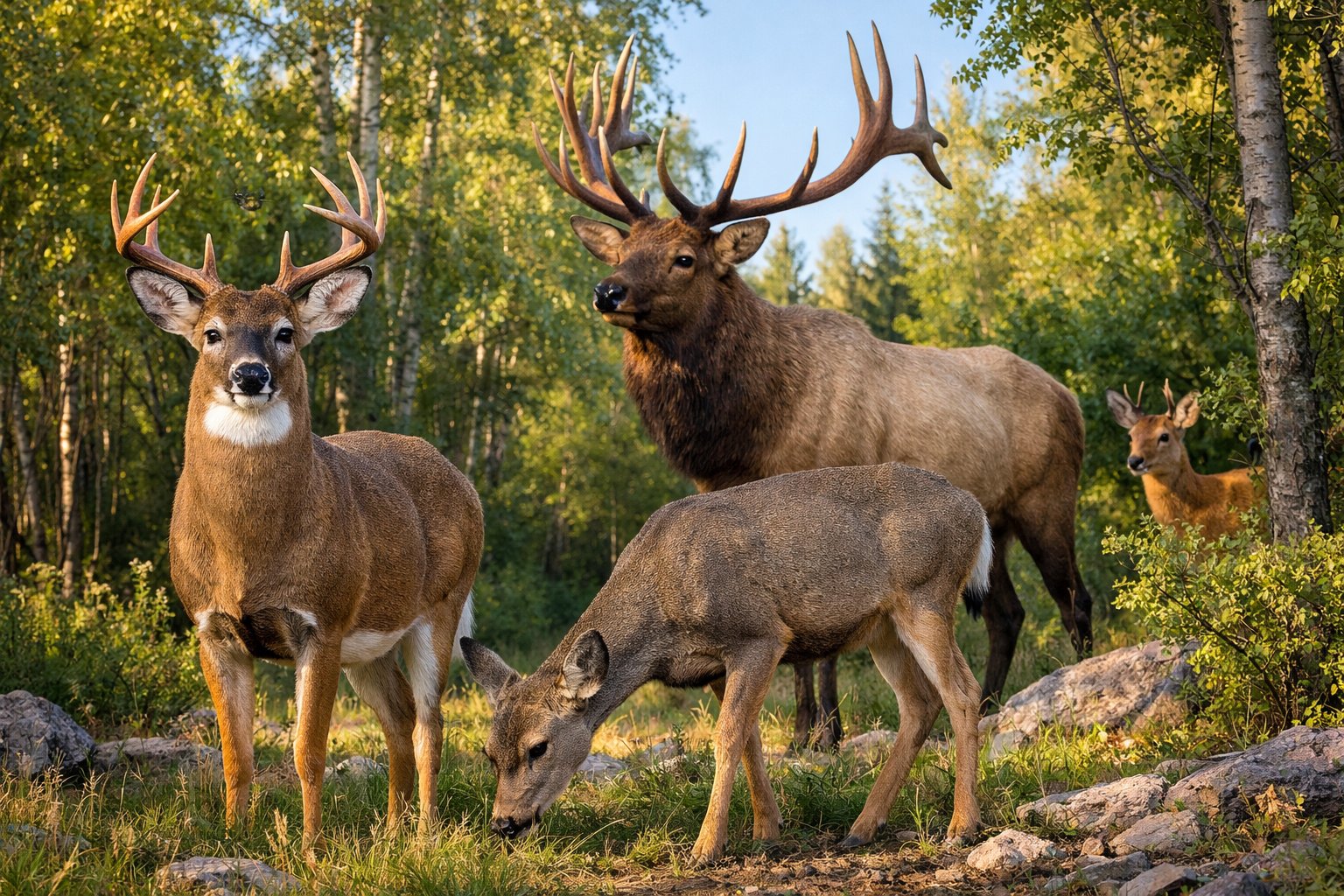 A group of different types of deer standing and grazing in a forest with green trees and sunlight.