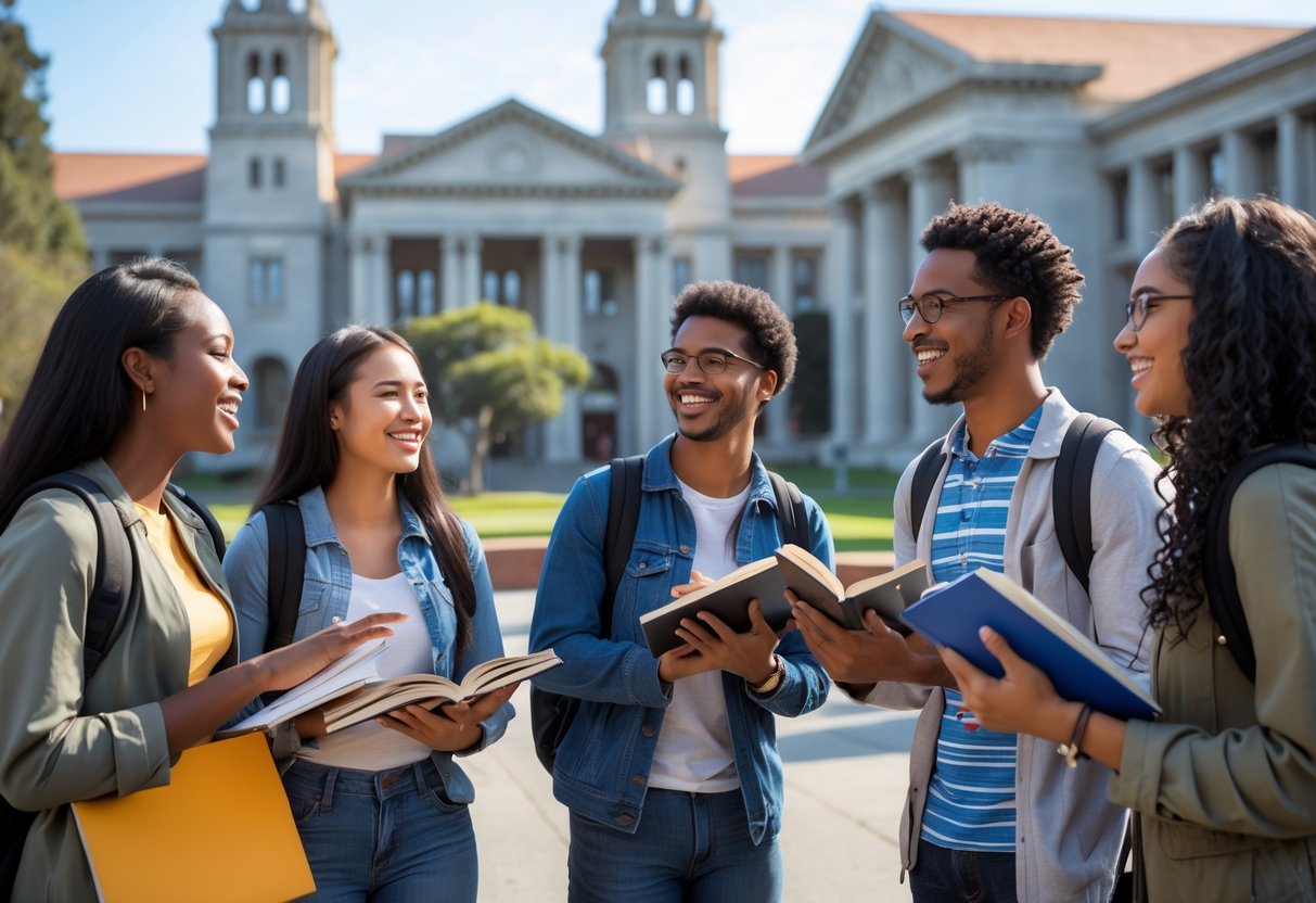 A group of diverse college students studying and talking together outdoors on a university campus with iconic buildings in the background.