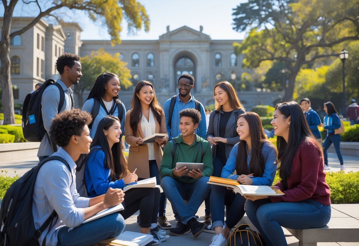 A group of diverse university students studying and talking together outdoors on a university campus with buildings and trees in the background.