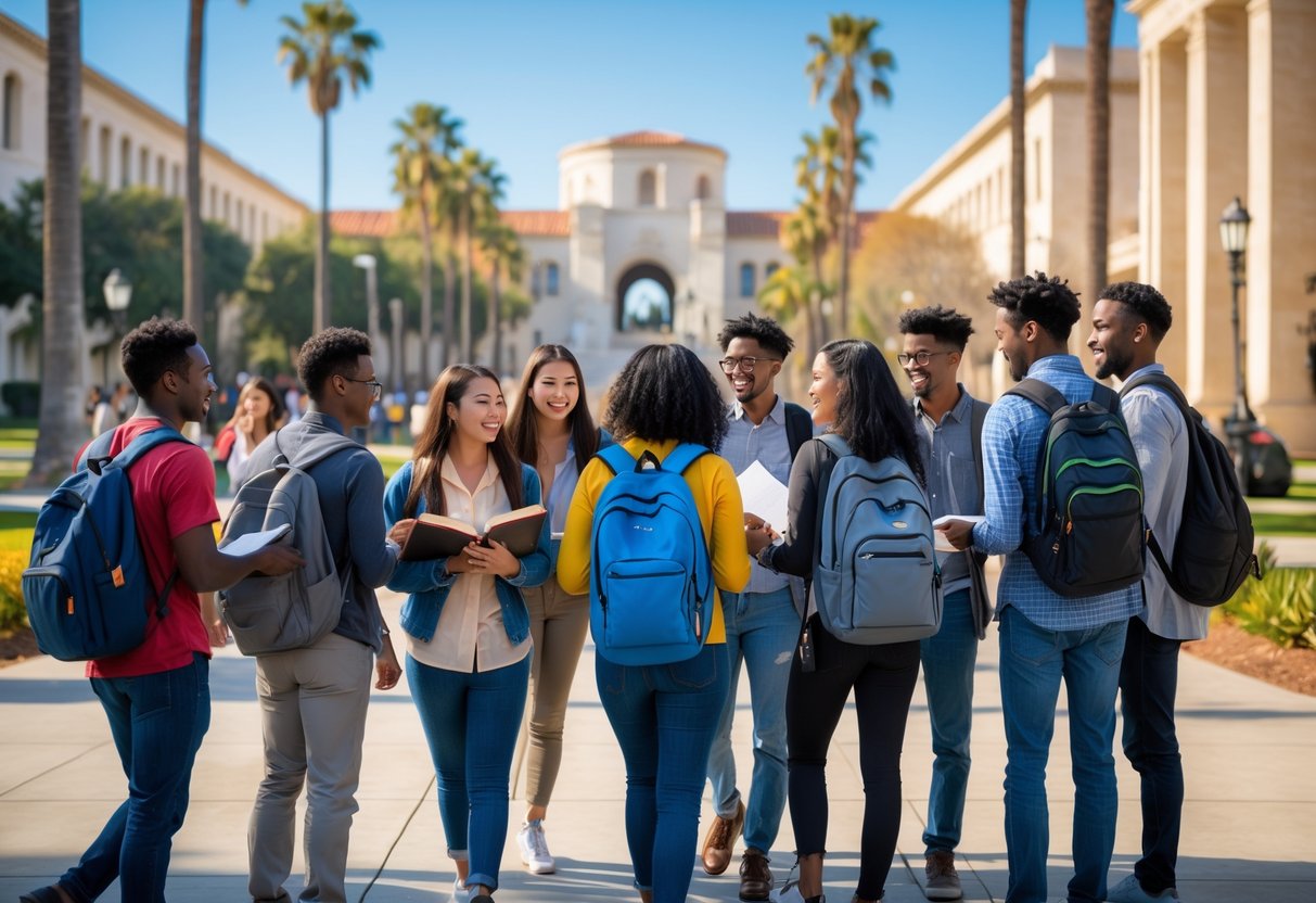 A diverse group of college students studying and talking together outdoors on the UCLA campus with palm trees and university buildings in the background.