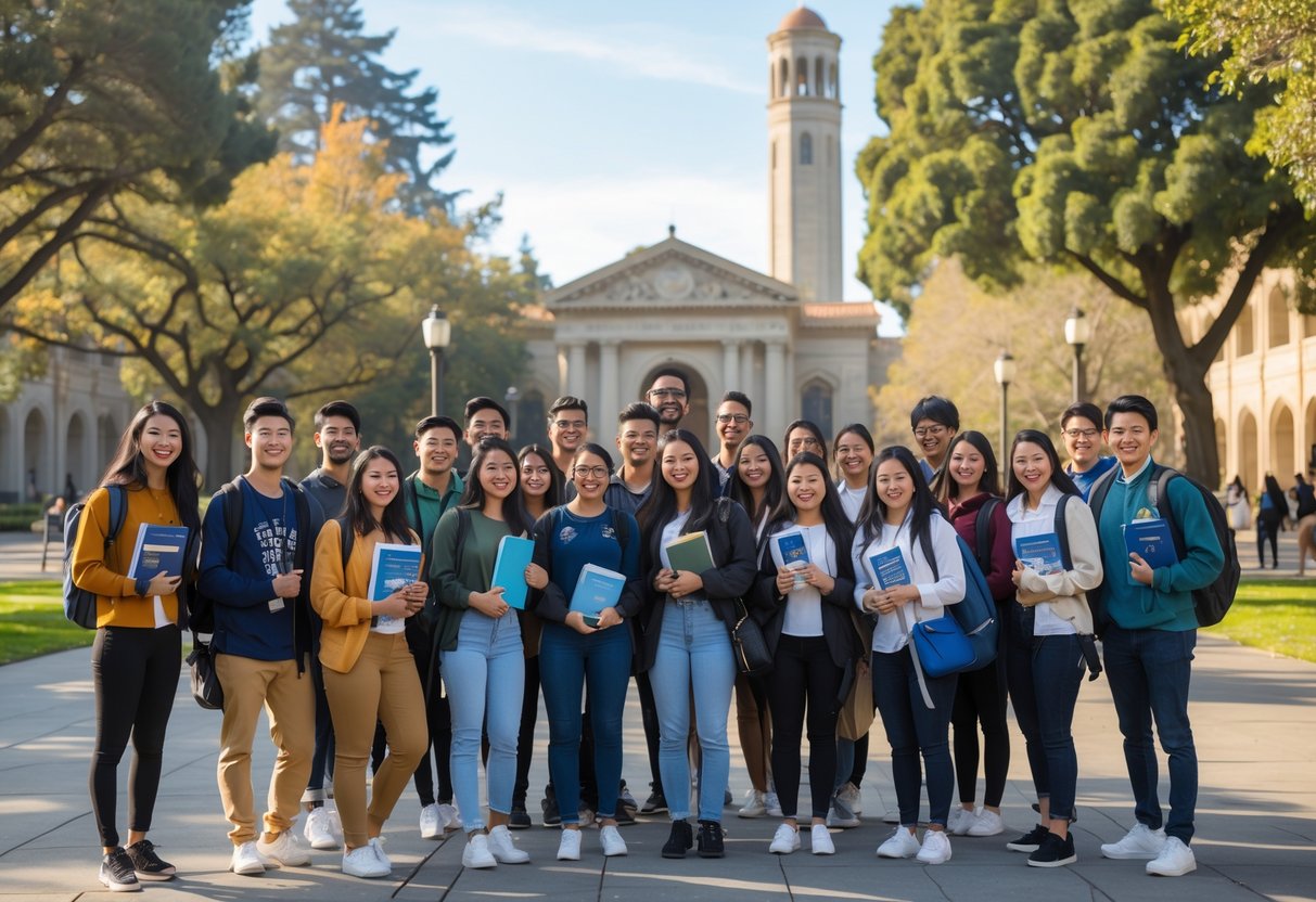 A group of diverse university students smiling and talking outdoors on the University of California Berkeley campus with campus buildings and trees in the background.