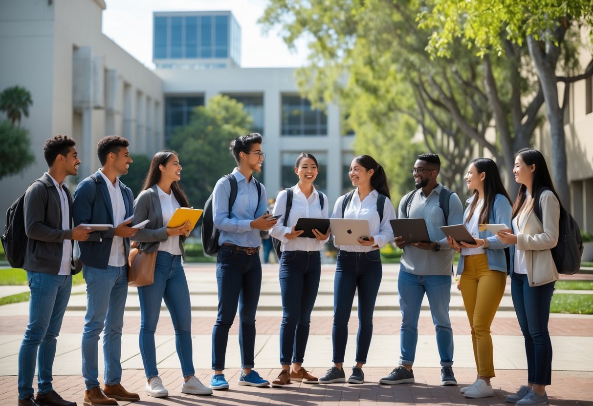 A diverse group of university students talking and studying together outdoors on a sunny day at a university campus with modern buildings and trees in the background.