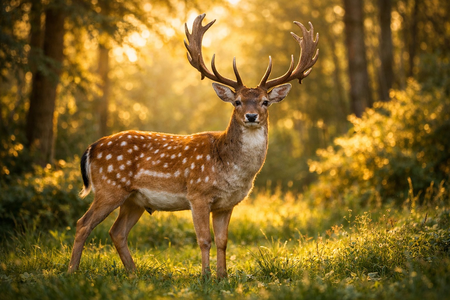 A deer standing in a forest clearing with sunlight filtering through the trees.