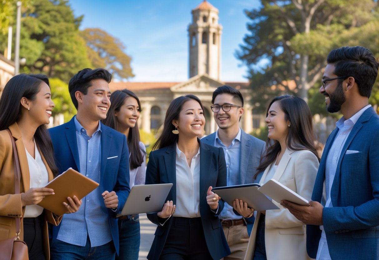 A group of diverse graduate students smiling and talking outdoors on the University of California Berkeley campus with campus buildings and trees in the background.