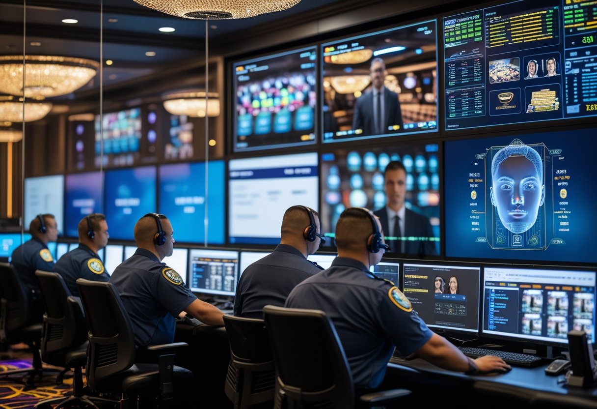 Casino security team monitoring facial recognition technology in a control room with multiple screens showing casino floor footage.