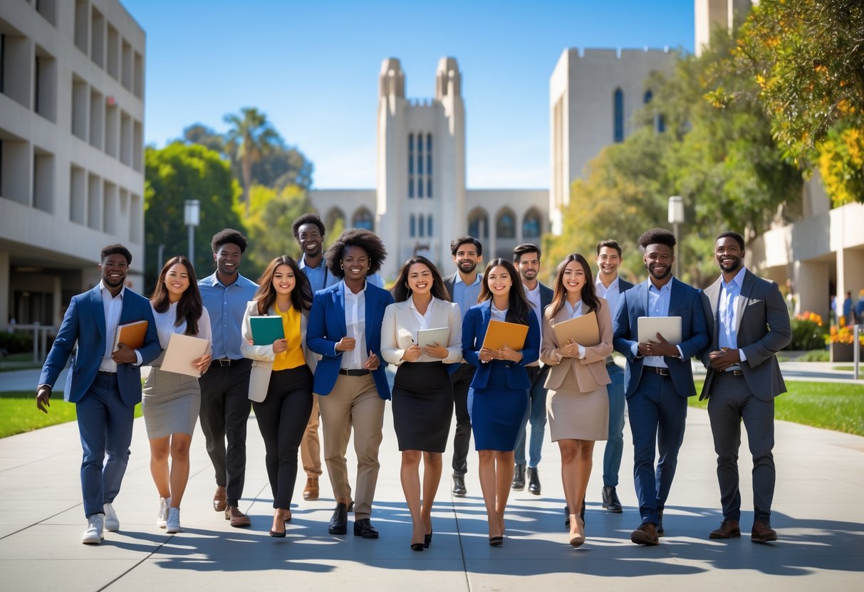 A diverse group of university students smiling and interacting outdoors on a sunny day at the UCLA campus with buildings and trees in the background.