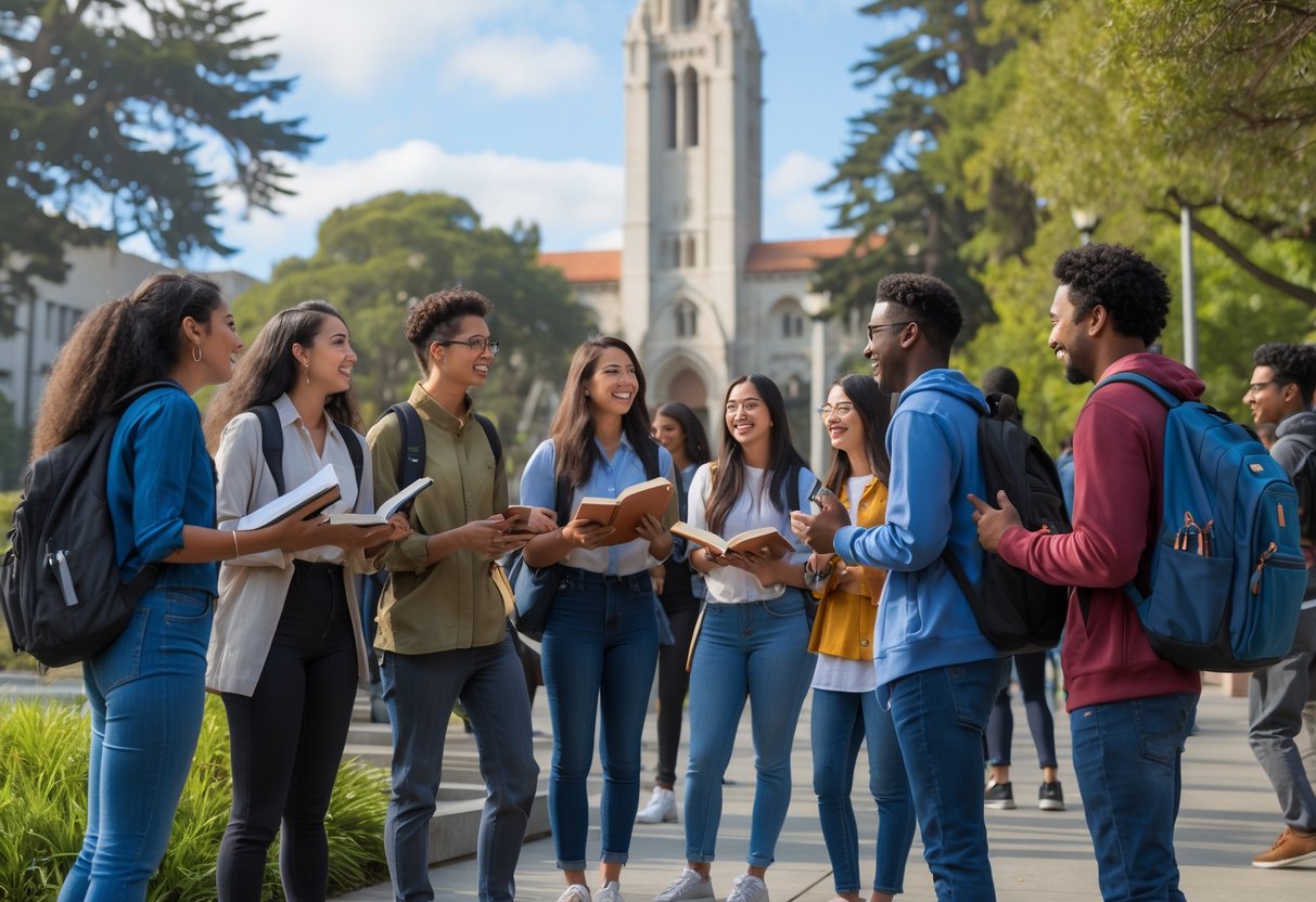 A group of diverse university students studying and talking outdoors on the University of California Berkeley campus with a tall clock tower in the background.