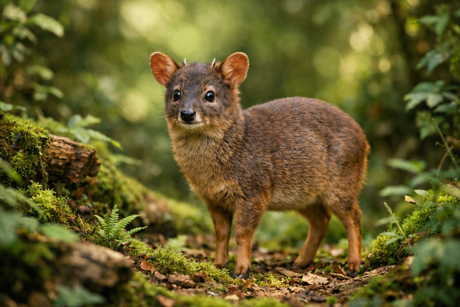A small pudu deer standing in a green forest with sunlight filtering through the trees.