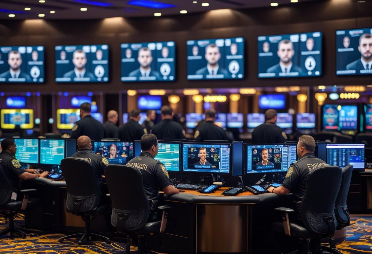 Security staff monitoring facial recognition technology on screens in a casino control room.