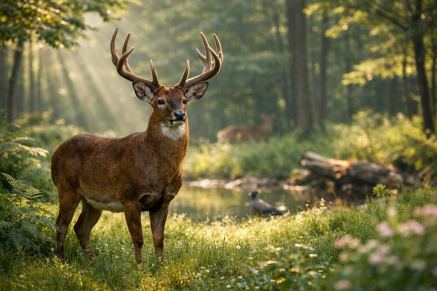 An adult deer standing in a sunlit forest clearing surrounded by green foliage.