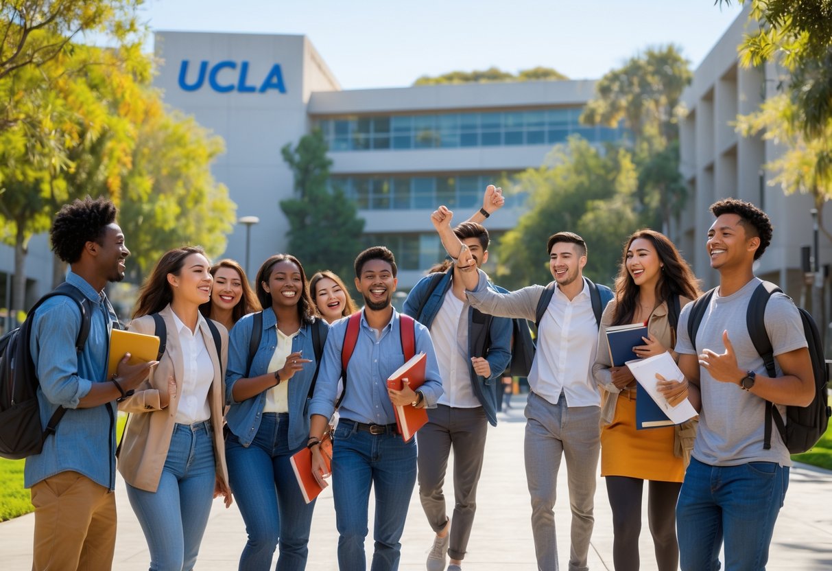 A group of diverse university students smiling and talking outdoors on a sunny day at the UCLA campus with modern buildings and trees in the background.