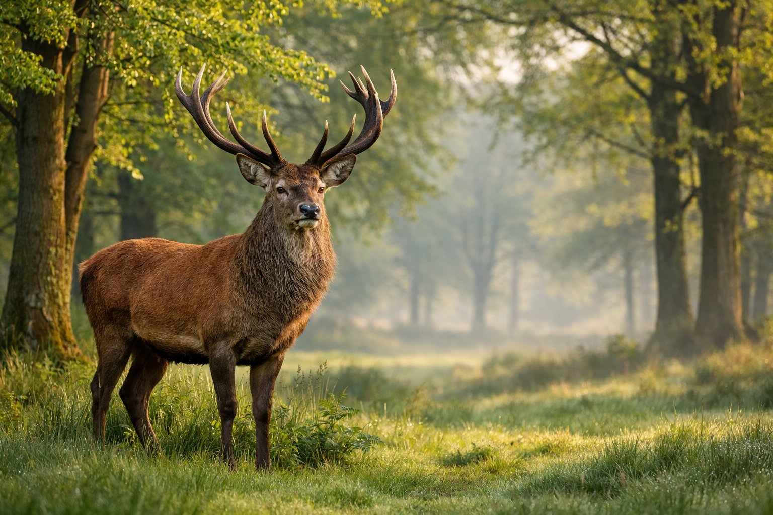 A red deer stag standing in a green forest clearing with trees and soft sunlight.