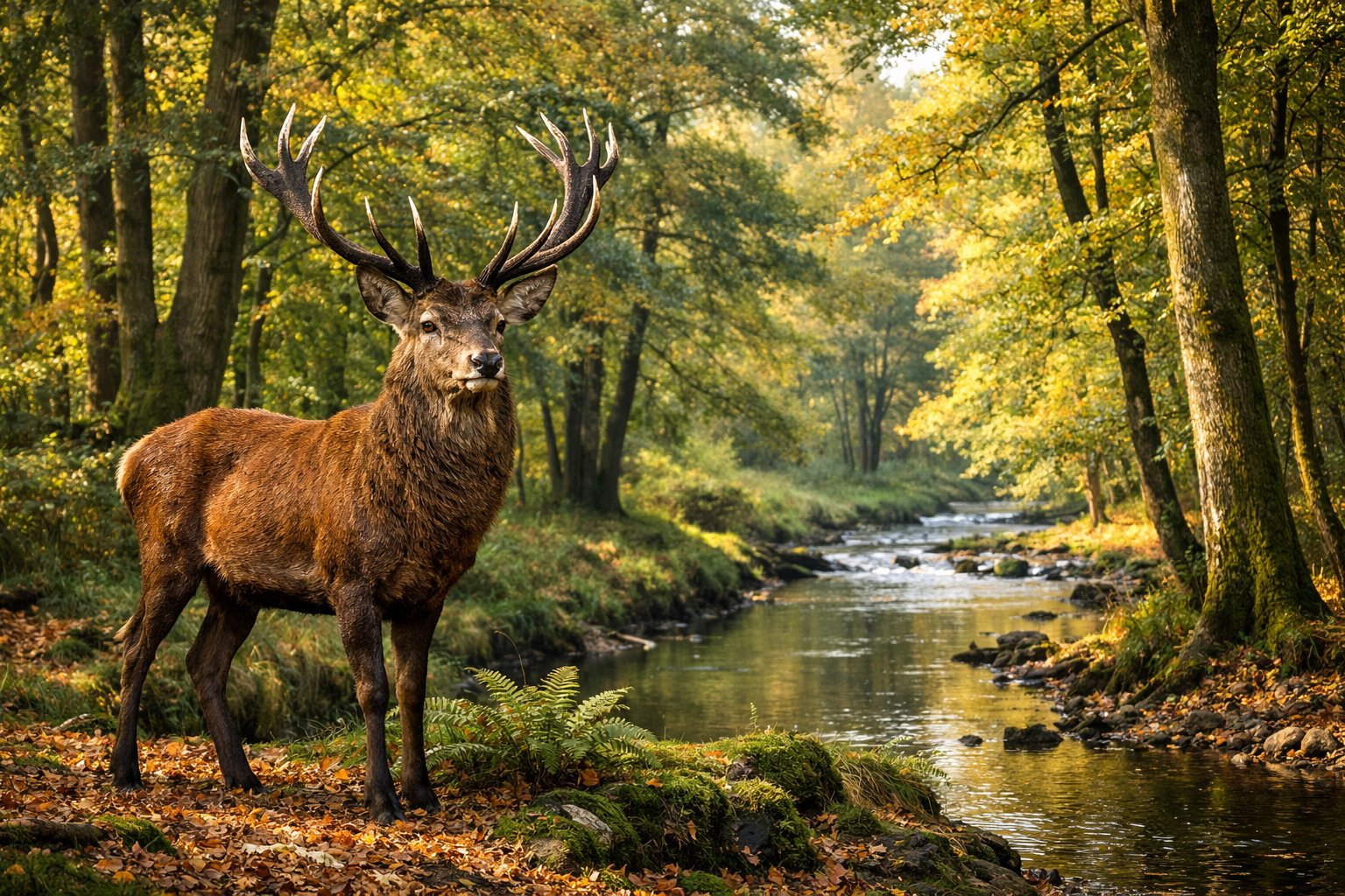 An adult red deer stag standing in a sunlit UK woodland with trees and a stream in the background.