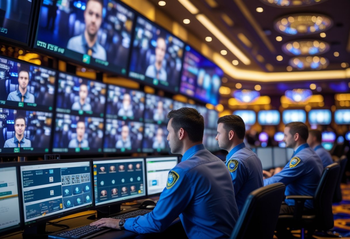 Security personnel monitoring facial recognition technology on screens in a casino control room with gaming tables and slot machines visible in the background.