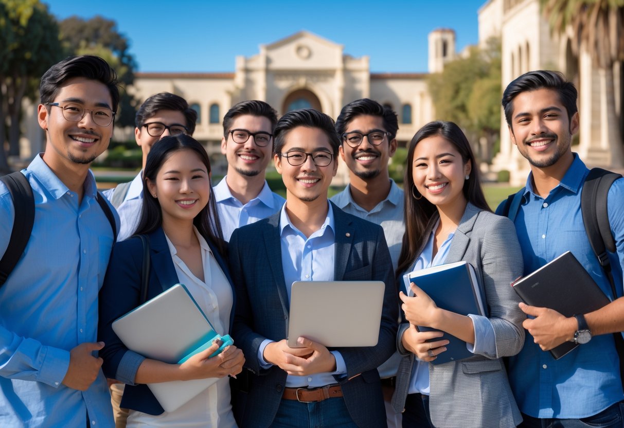 A group of diverse graduate students studying and collaborating outdoors on the UCLA campus with iconic university buildings in the background.