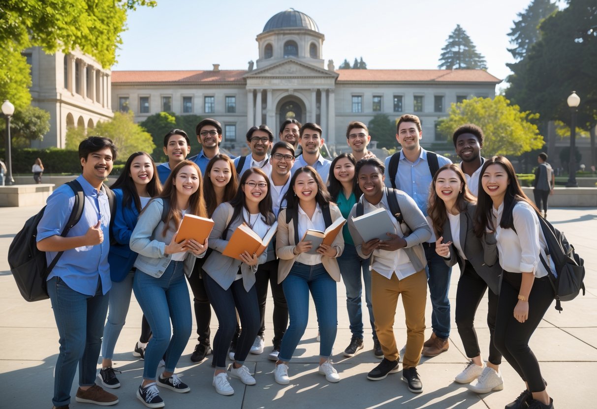A group of diverse university students smiling and celebrating together outdoors on a university campus with classical buildings and trees in the background.