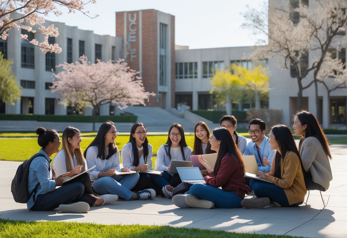 A diverse group of university students studying and talking together outdoors on a sunny day at a university campus.