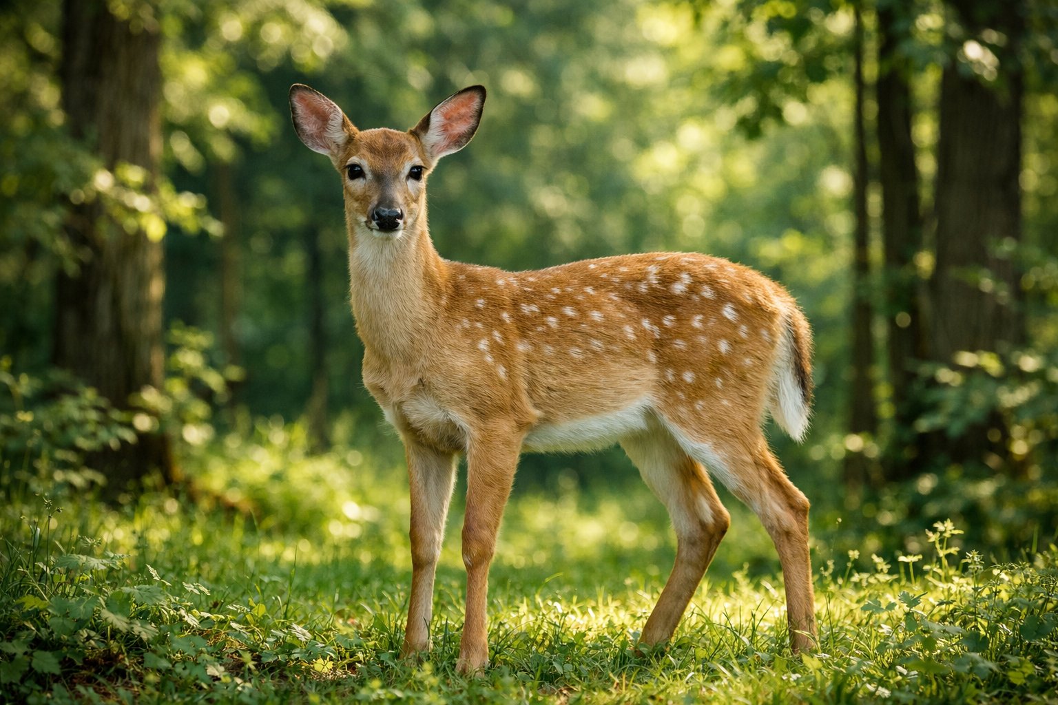 A young white-tailed deer standing in a sunlit forest clearing surrounded by green trees and plants.