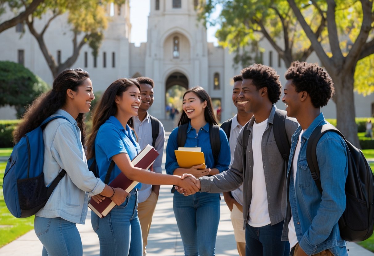 A group of diverse college students smiling and interacting on a sunny university campus with iconic buildings and trees in the background.