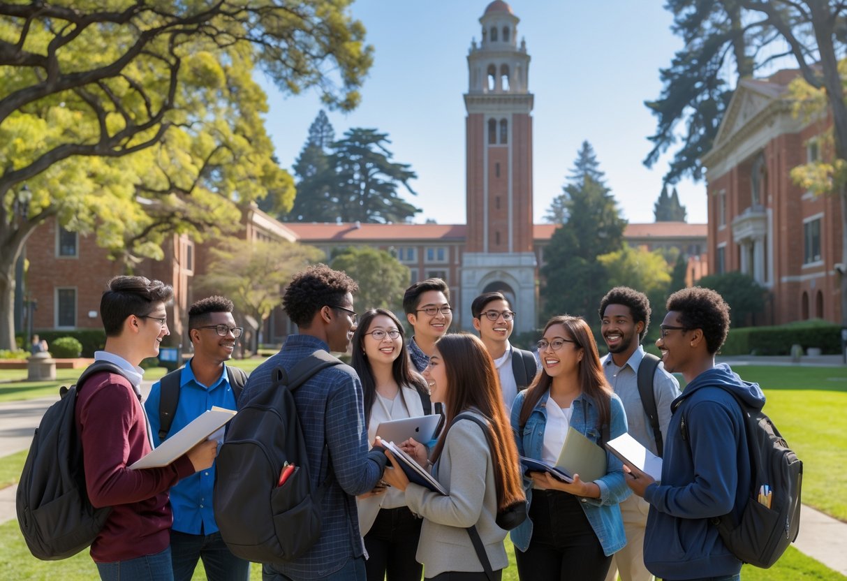 A group of diverse university students studying and talking together outdoors on the University of California Berkeley campus with iconic buildings and trees in the background.