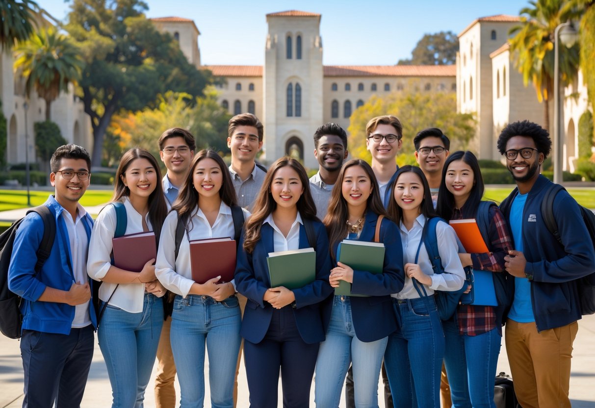 A group of diverse university students smiling on the UCLA campus with campus buildings and greenery in the background.