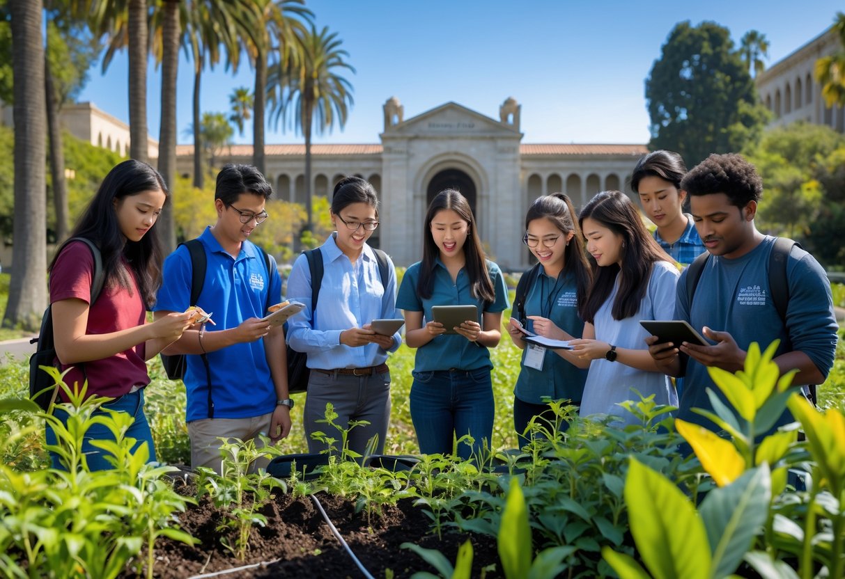 A diverse group of university students studying environmental science outdoors on a sunny day at a university campus surrounded by greenery.