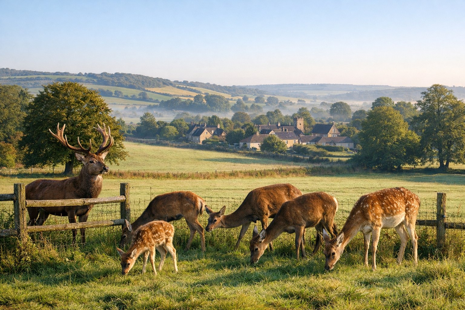 A group of wild deer grazing near a wooden fence in a green countryside with rolling hills and a distant village.
