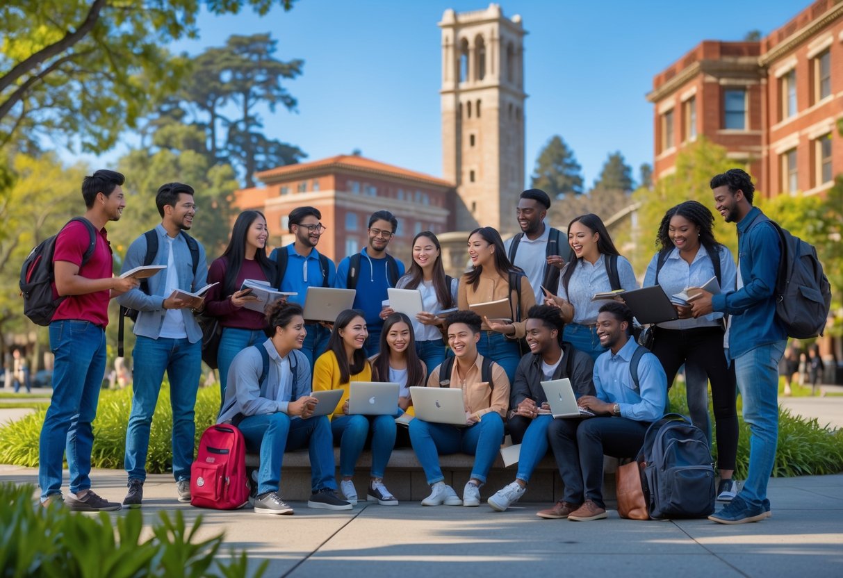 A group of diverse university students studying and talking together outdoors on the University of California Berkeley campus with iconic buildings in the background.