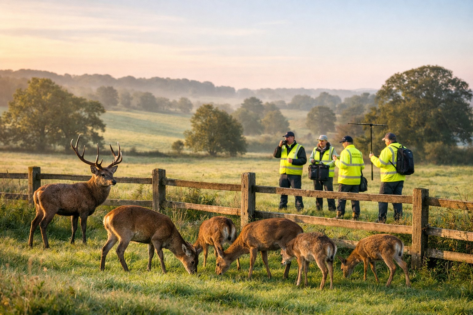 A group of deer grazing near a fence in a British countryside with conservation workers monitoring them in the background.
