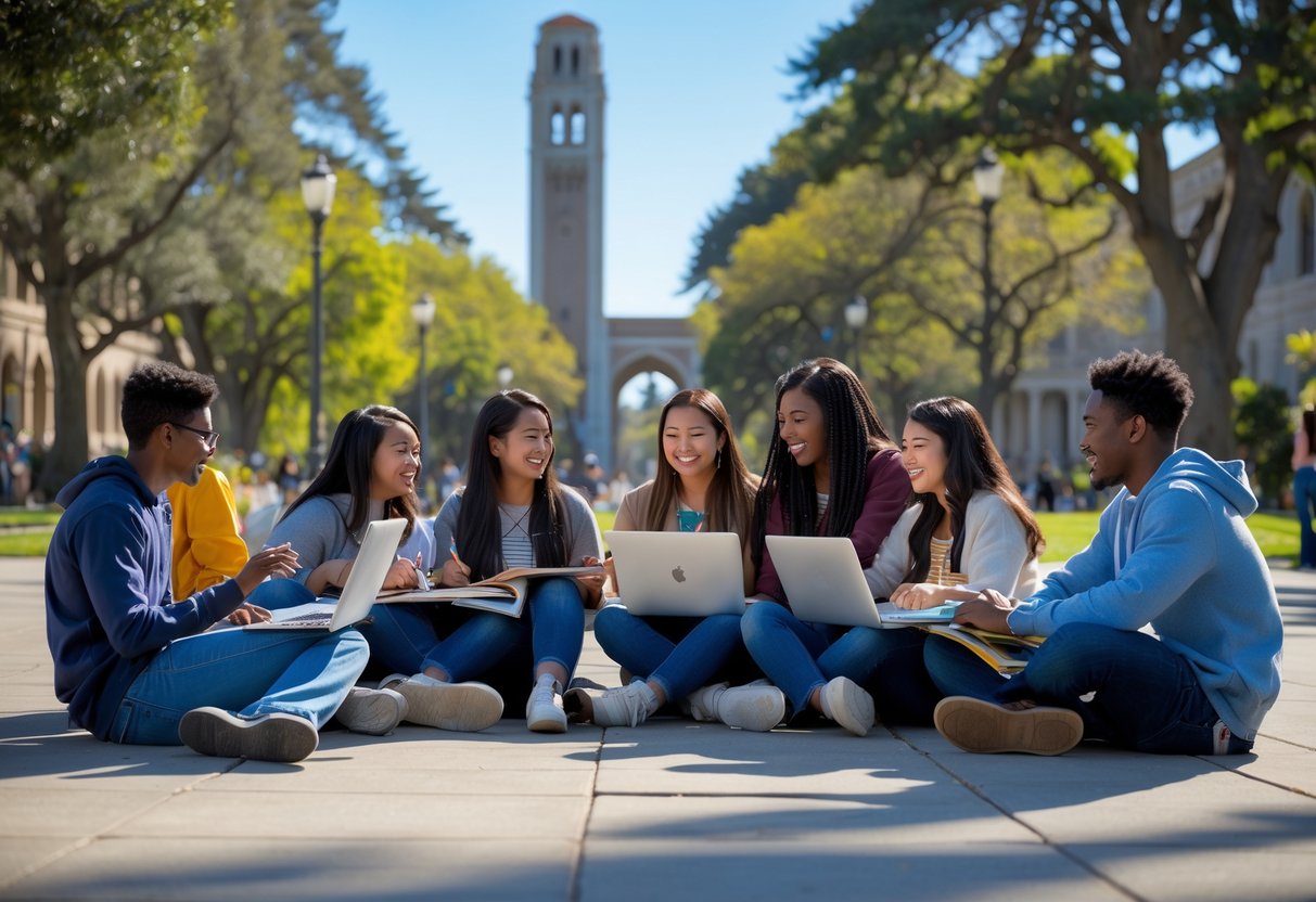 A diverse group of university students studying and discussing together outdoors on the University of California Berkeley campus with iconic buildings and trees in the background.
