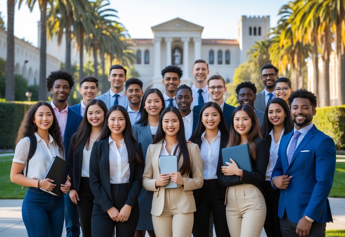 A group of diverse university students smiling and standing together outdoors on the UCLA School of Law campus.